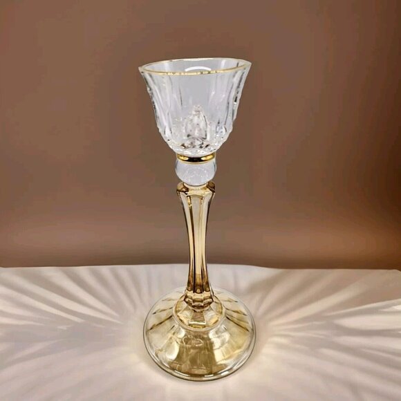 Unbranded Other - Elegant Yellow And Clear Pair Crystal Candlestick Holders Vintage Holidays Boho